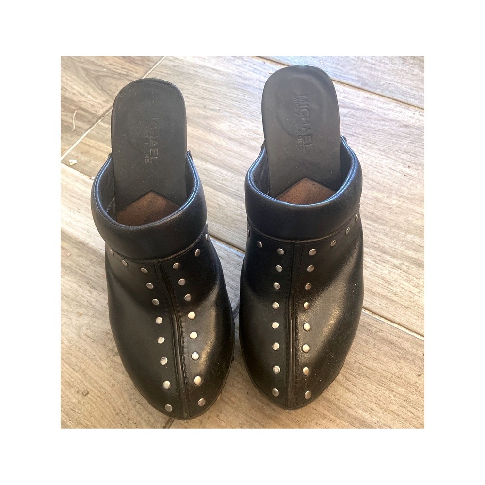 Michael Michael Kors Black Leather Studded Wooden Platform Clog Mules‎ Womens 8M